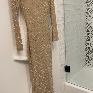 Fashion Nova Tan Pearl Embellished Dress
